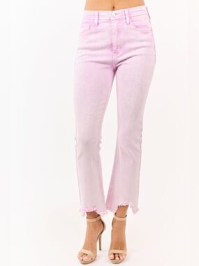 High-Rise Pastel Pink Cropped Jeans with Frayed Hem